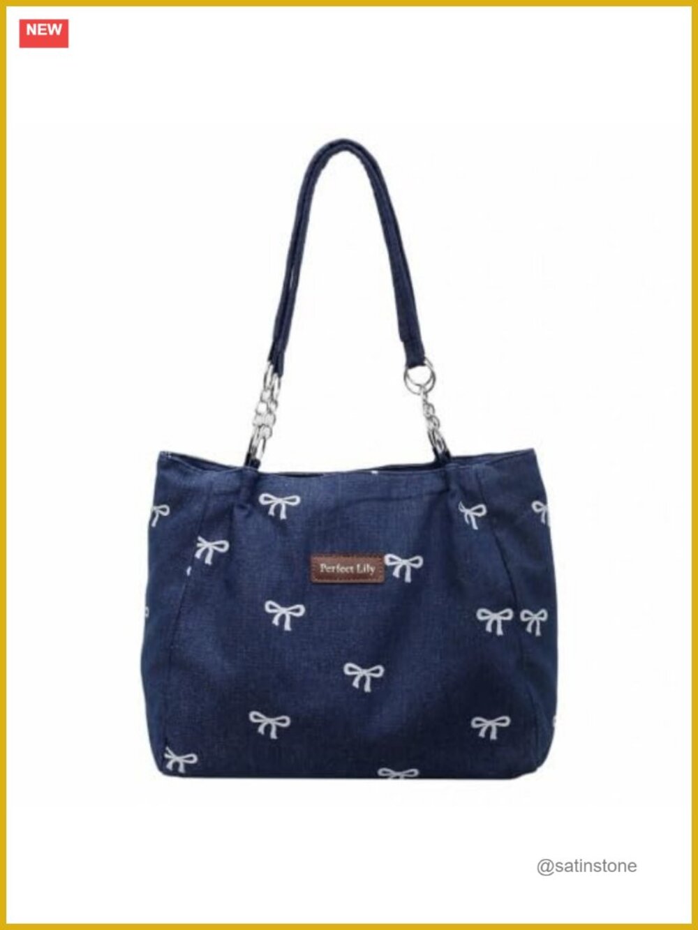 Denim Printed Bow Chain Strap Tote Shoulder Bag